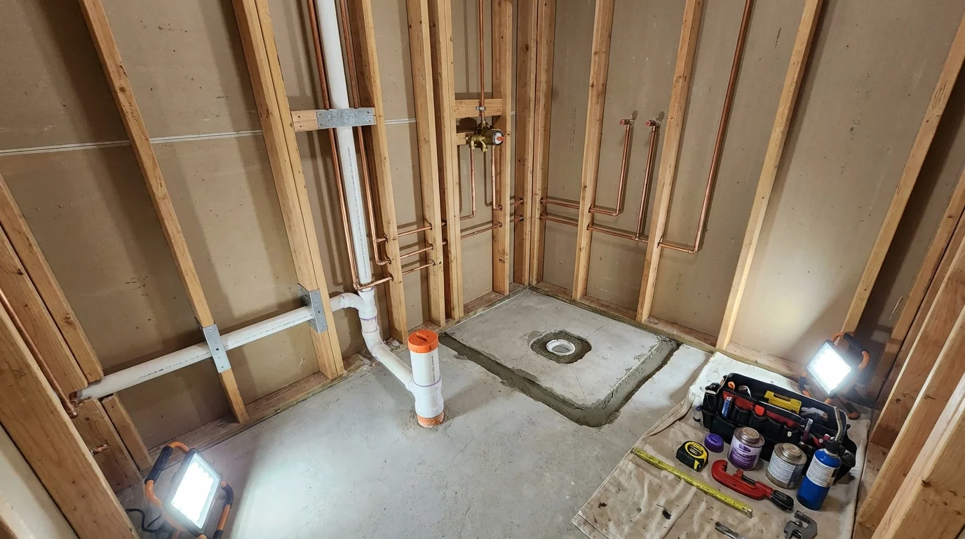 Bathroom rough-in plumbing during remodel by Johns Plumbing LLC in Frenchtown