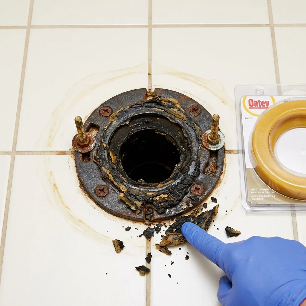 Failed wax ring showing water seepage at the base of a toilet in a Frenchtown, NJ home